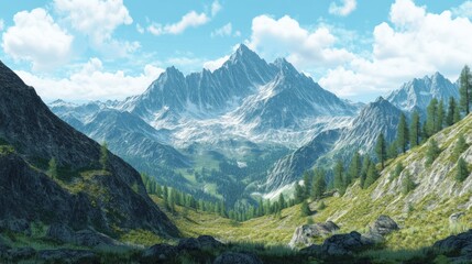 Obraz premium Mountain landscape featuring towering peaks, rolling hills, and natural scenery, rendered with clean lines and vibrant colors to evoke a serene and picturesque outdoor environment
