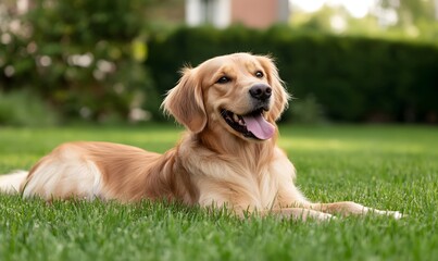 Happy dog playing on green grass, Generative AI 