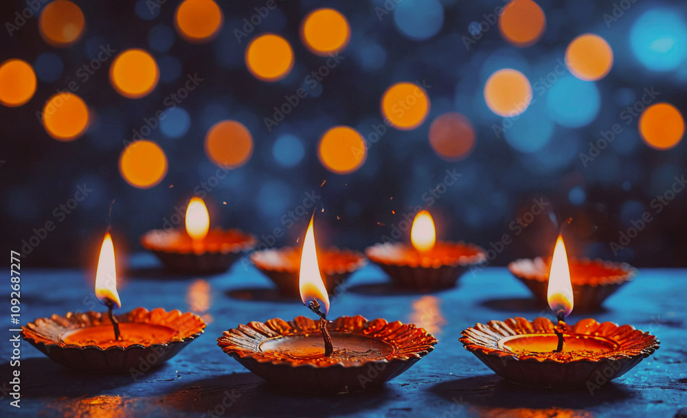 Aufkleber row of candles are lit on a table. there are six candles in total