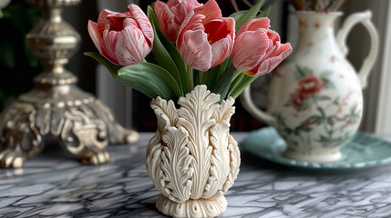 Elegant Pink Tulips in Ornate Vase on Marble Table with Vintage Decor