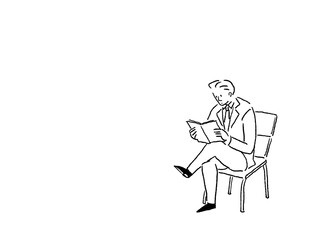 椅子に座って足を組み本を読むスーツ姿の男性、線画
