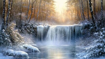 A frozen waterfall cascading down a snow-covered forest path