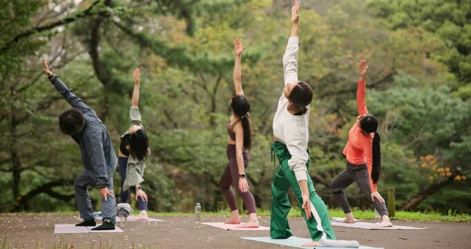 Asian people, nature and stretching with yoga class for zen, workout or fitness exercise together. Japanese, group or yogi with teacher or coach for balance, awareness or pilates on mat in forest