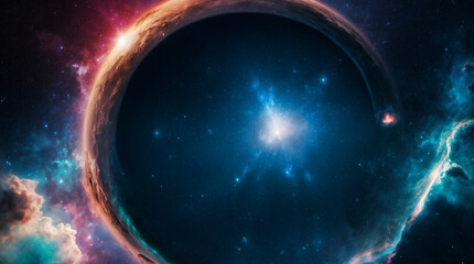 Obraz premium Mysterious cosmic black hole surrounded by glowing nebula and deep space stars