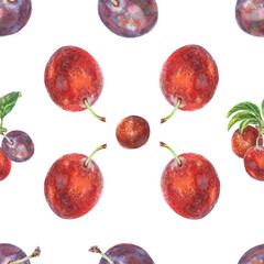 Pattern seamless of plums branches with leaves. Ripe berries on bunches of fruit tree hand drawn in watercolor. Fruits are painted very brightly red, burgundy, purple and green colors. This pattern