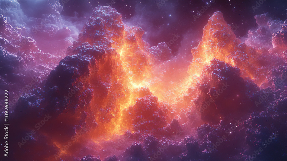 Poster cosmic mountains of swirling clouds illuminated by fiery colors in the depths of space. generative a