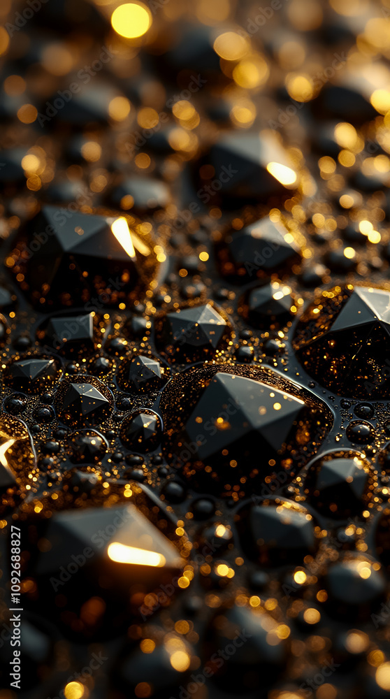 Poster close-up of a textured surface with small gold triangular and polygon shapes on a dark background