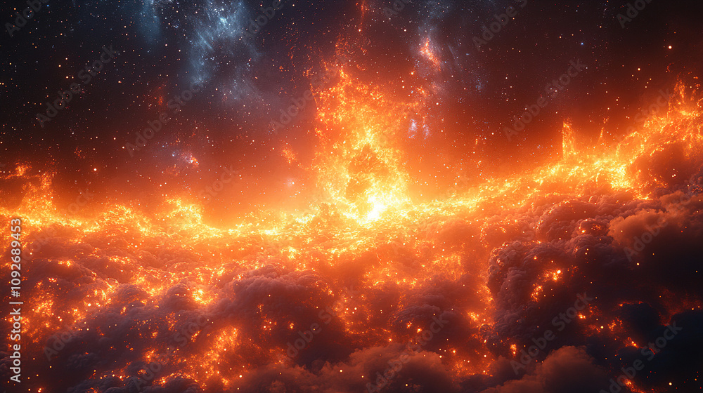 Poster exploring the vibrant orange nebula with fiery clouds in deep space during a cosmic phenomenon. gene
