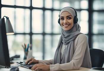 portrait a young smiling woman in hijab wears headset using laptop,working in call center service,talking with client,concept of telemarketing,customer relationship management