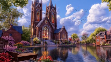 Fototapeta premium A serene lakeside view of a gothic church surrounded by blooming flowers and trees.