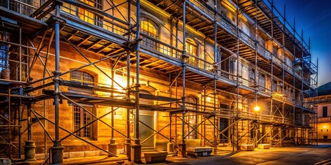 Fototapeta premium Low Light Photography of Renovating an Old Building Surrounded by Scaffolding, Capturing the Intricacies of Architecture and Construction in a Unique Atmosphere