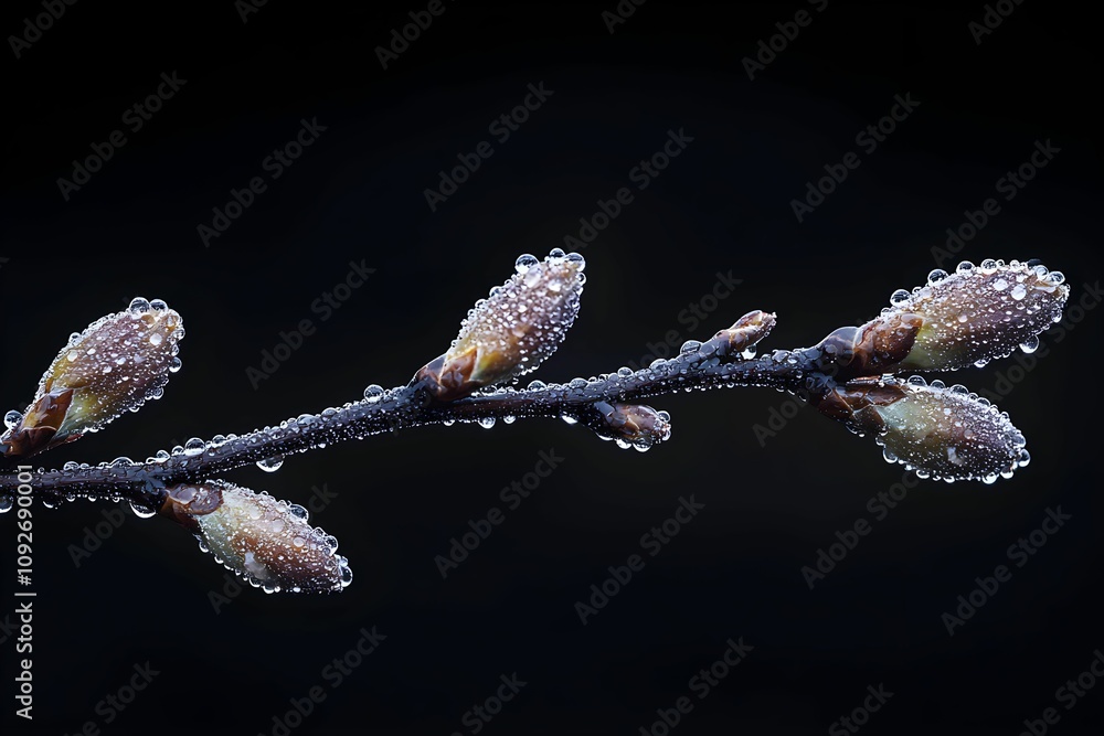 Poster budding branches adorned with fresh droplets in early spring