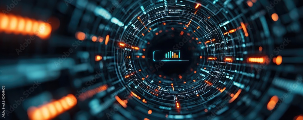 Poster futuristic digital tunnel with glowing lights and data visualization, abstract concept.