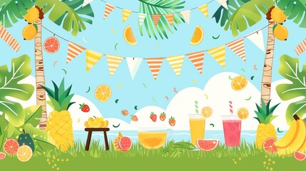 A cartoon illustration of a tropical scene with fruit, drinks, and party decorations.