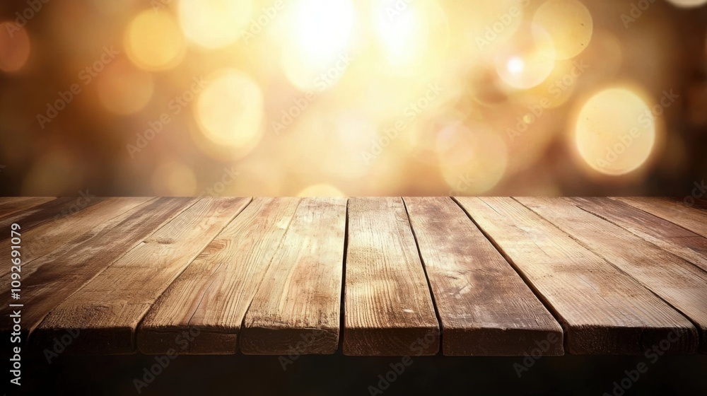 Poster rustic wooden table surface with blurred golden bokeh background for bright and warm photo effects i