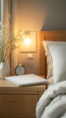 Cozy bedside table with a notebook mockup and lamp
