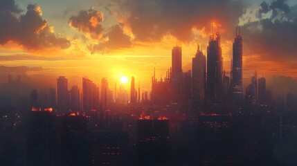 A city skyline with a large sun in the sky. The sun is setting and the sky is orange