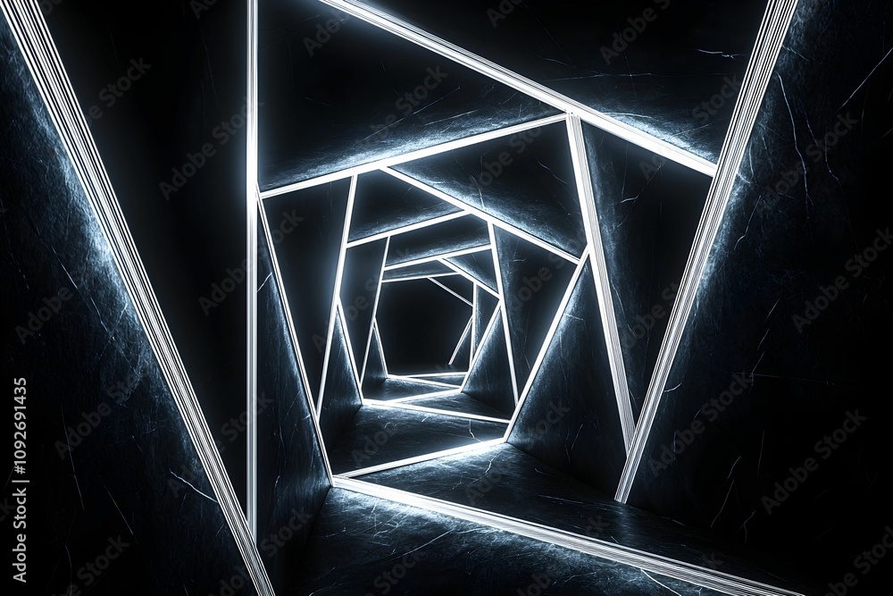 Poster intriguing illuminated tunnel design with geometric patterns