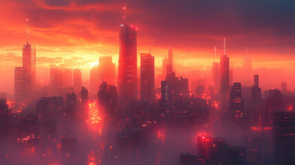 Fototapeta premium City skyline during sunset with dramatic colors and reflection in the atmosphere. Generative AI