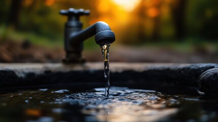 Water Flowing from Tap at Dusk in Nature's Embrace