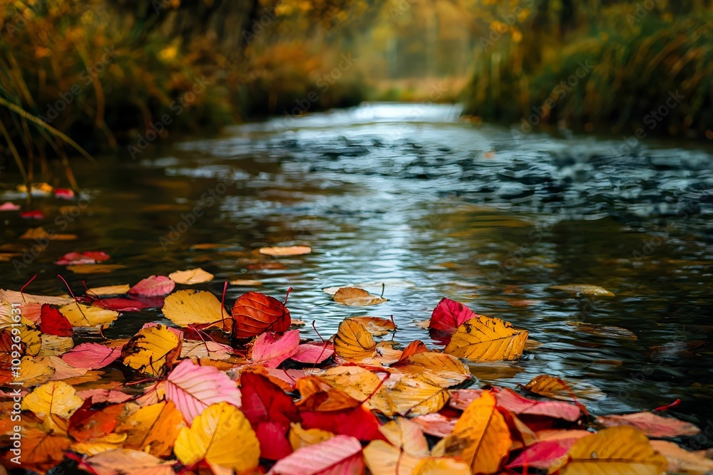 Poster autumn leaves float on a tranquil stream in a forest setting