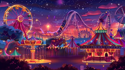 A colorful illustration of a carnival at night, with a Ferris wheel, a roller coaster, and a carousel.