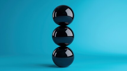 Three glossy black spheres stacked vertically against a bright blue background, conveying a sense of balance and modern design.