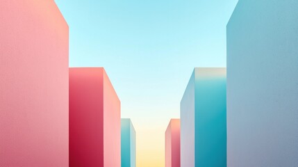 A vibrant, abstract scene of colorful geometric structures under a bright sky, creating a modern, artistic perspective.