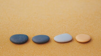 Four smooth stones of varying colors arranged on a sandy surface, showcasing their natural beauty and texture.