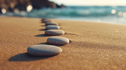A serene beach scene with smooth stones lining the sandy shore, gently meeting the calming waves of the ocean.