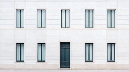 Obraz premium A minimalist building facade featuring a series of evenly spaced windows and a contrasting dark door at the center.