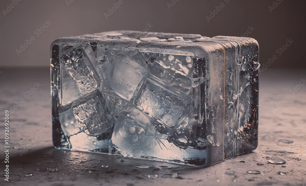 Poster cube of ice is sitting on a table. the ice is melting and dripping water