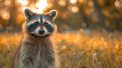 Obraz premium Curious raccoon exploring nature golden hour wildlife photography outdoor scene close-up