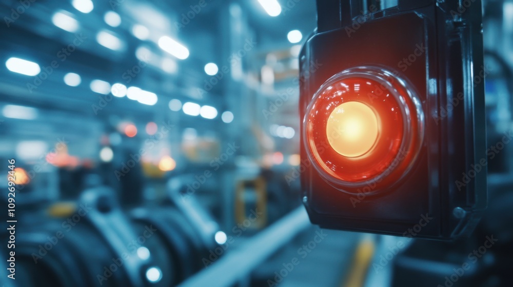 Poster industrial automation alert signal with red light in a high-tech manufacturing environment showcasin
