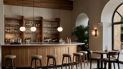 Modern bar interior with wooden cabinetry, marble countertop, globe pendant lights, and comfortable seating.