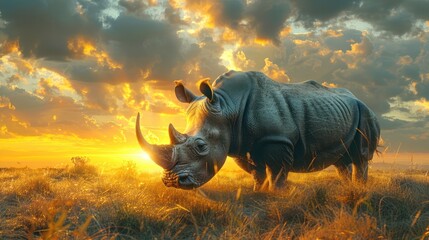 Fototapeta premium Rhino in sunset landscape african savanna wildlife photography nature scene close-up