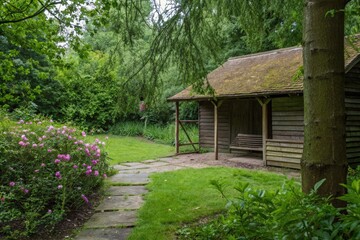 Wooden Cabin Surrounded by Lush Green Garden and Flowering Bushes