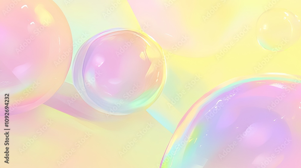 Poster a soft gradient yellow background with delicate soap bubbles floating in the air, showcasing their t