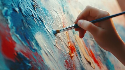 Close-up of a child&acirc;&euro;&trade;s hands painting a picture on a canvas