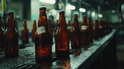 A Scenic View of Brown Glass Beer Bottles on a Production Line Inside a Modern Brewery with Moisture and Industrial Atmosphere