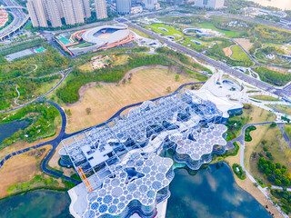 Aerial view of financial buildings and beautiful forest park in Shanghai. high angle view.