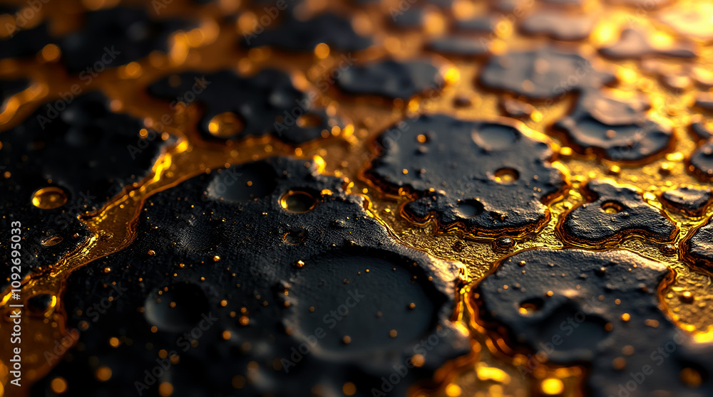 Poster close-up view showcasing a textured surface with numerous small golden facets, reflecting light and 