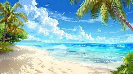 Fototapeta premium A cartoon illustration of a tropical beach scene with palm trees and a blue sky with clouds.