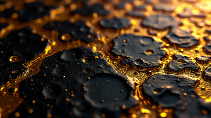 Close-up view showcasing a textured surface with numerous small golden facets, reflecting light and enhancing depth