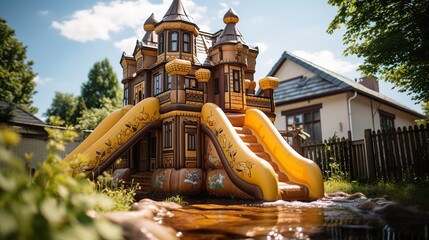 Inflatable bounce house water slide in the backyard, Colorful bouncy castle slide for children playground.  