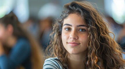 Obraz premium Intelligent-looking young woman, beautiful and confident, sitting in a university classroom, eager for success
