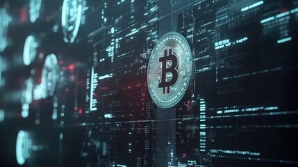 Blockchain network visualized on a digital screen with cryptographic icons