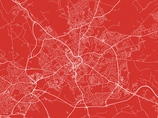 Christmas Map of Mansfield, United Kingdom in Snowy White on Festive Red Background.