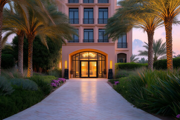 Fototapeta premium entrance of luxury hotel surrounded by palm trees and lush greenery at sunset