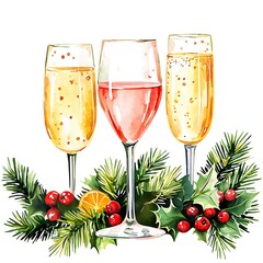 Festive Watercolor Illustration of Three Champagne Flutes with Holly and Citrus.